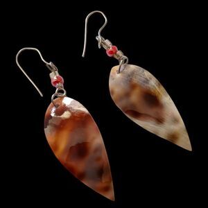 Tiger Cowrie Shell Earrings Dangle Brown Tan Beach Coastal Drop Dainty Bohemian.